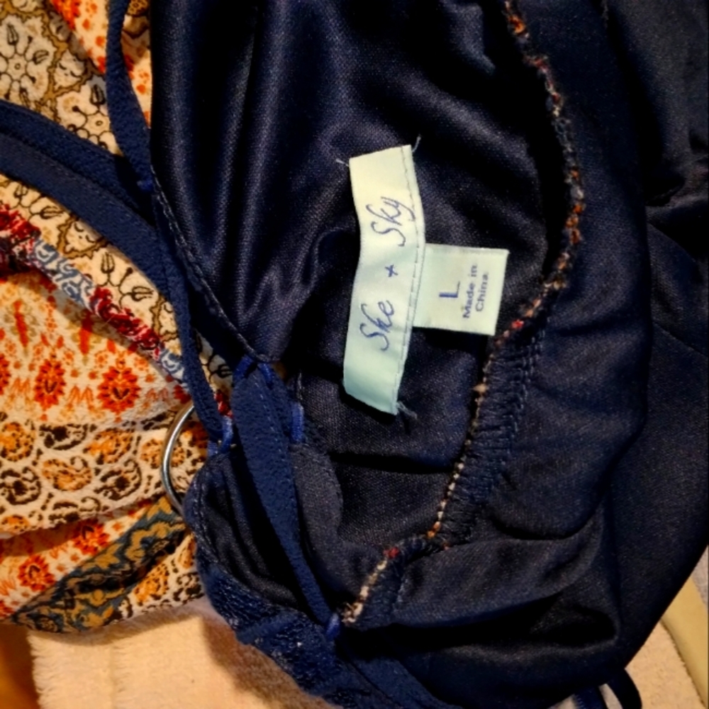 Long blue with multi  color  bodice,speg strap,never wore size large by she&sky